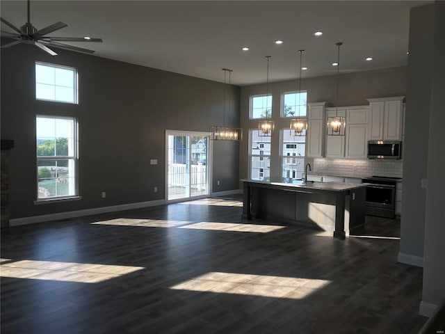1605 Sugar Creek Dr, Festus, MO 63028 - kitchen featuring appliances with stainless steel finishes, open floor plan, a high ceiling, a chandelier, and baseboards