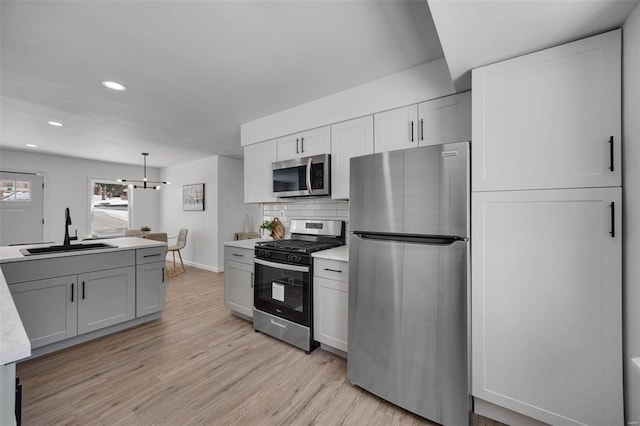 17 S Floridale Dr, Saint Louis, MO 63135 - kitchen with stainless steel appliances, a sink, light wood-style floors, light countertops, and decorative backsplash