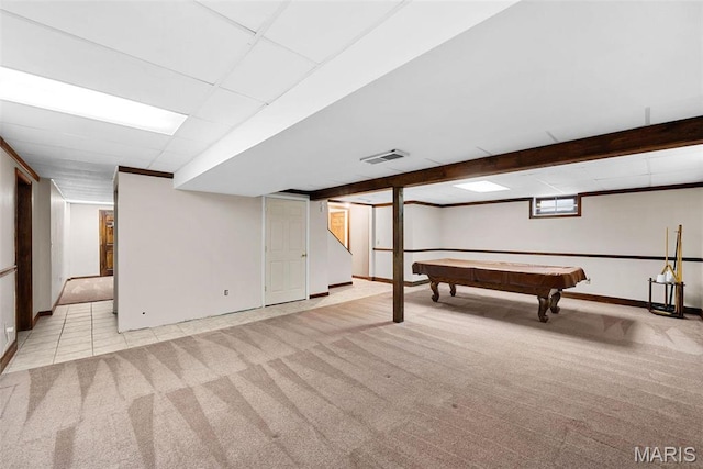 23 Falling Leaf Dr, Lake St Louis, MO 63367 - basement featuring light carpet, billiards table, and baseboards