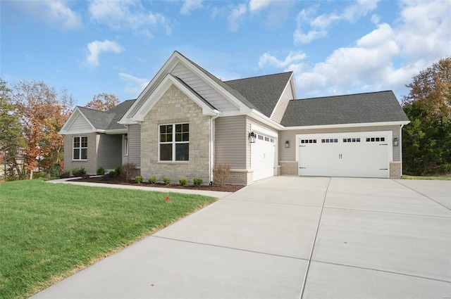 1035 Morgan Meadow Dr, Wentzville, MO 63385 - craftsman inspired home with a garage, concrete driveway, stone siding, a front lawn, and a shingled roof