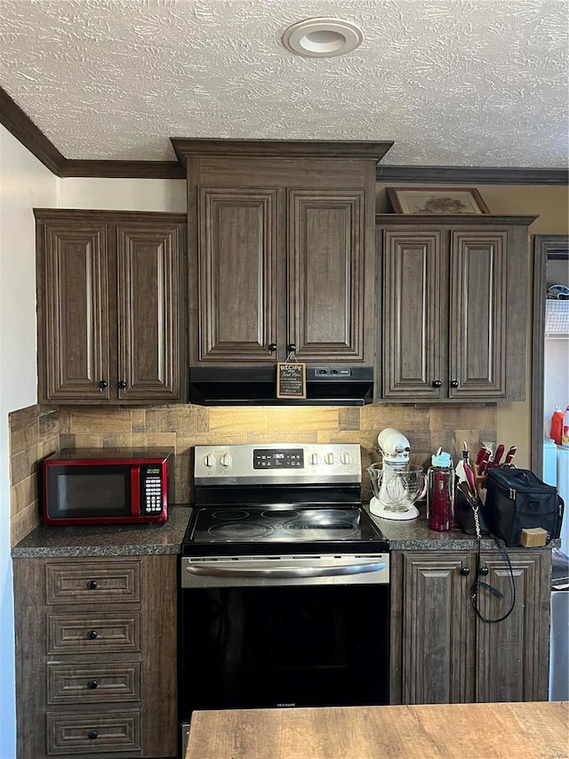 1539 Bcr 628, Puxico, MO 63960 - kitchen featuring stainless steel electric range oven, extractor fan, crown molding, a textured ceiling, and dark brown cabinets