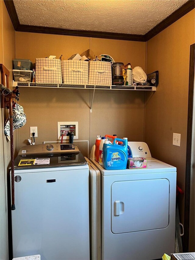 1539 Bcr 628, Puxico, MO 63960 - clothes washing area with ornamental molding, washer and dryer, and a textured ceiling