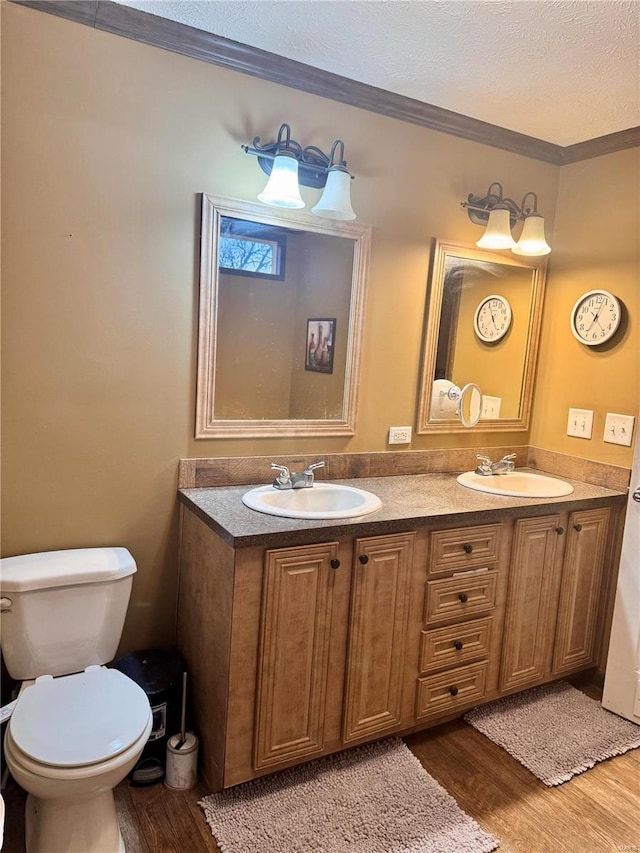 1539 Bcr 628, Puxico, MO 63960 - bathroom with wood finished floors, toilet, crown molding, a textured ceiling, and double vanity