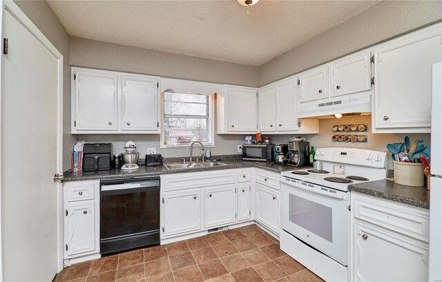 1991 State Highway H, Sikeston, MO 63780 - kitchen featuring black dishwasher, electric range, a sink, under cabinet range hood, and dark countertops