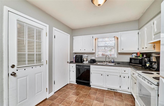 1991 State Highway H, Sikeston, MO 63780 - kitchen featuring dishwasher, a sink, electric range, dark countertops, and white cabinets