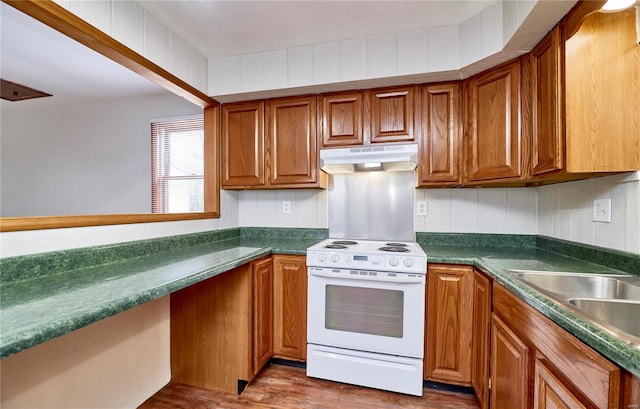 1991 State Highway H, Sikeston, MO 63780 - kitchen with electric range, under cabinet range hood, brown cabinetry, and dark countertops
