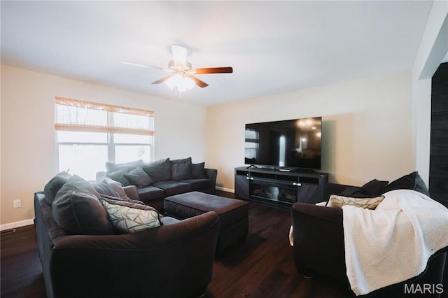 104 Eisenhower Blvd, Troy, IL 62294 - living area with dark wood-style flooring, a ceiling fan, and baseboards