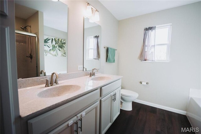 104 Eisenhower Blvd, Troy, IL 62294 - full bathroom featuring healthy amount of natural light, a shower with door, wood finished floors, and double vanity
