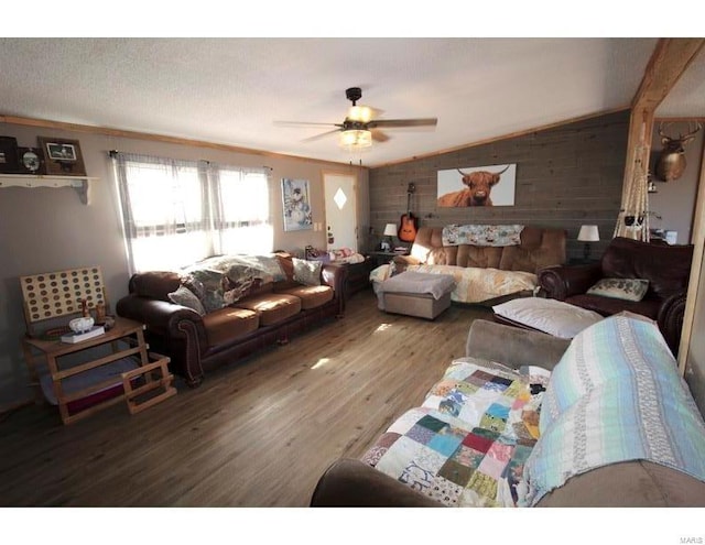 2086 County Road 137, Wasola, MO 65773 - living area with ceiling fan, wood finished floors, lofted ceiling, and wood walls