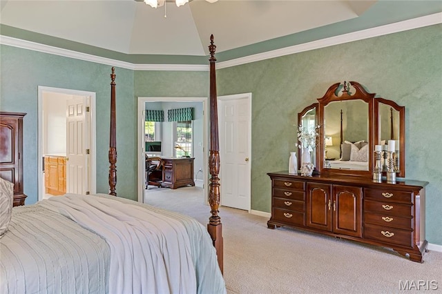 bedroom with light colored carpet, crown molding, connected bathroom, and baseboards