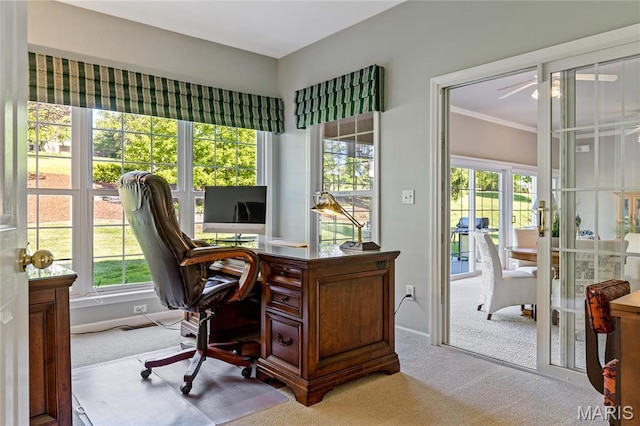 office area with carpet floors, baseboards, and ornamental molding