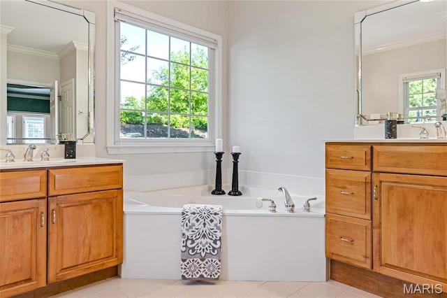 full bathroom featuring ornamental molding, two vanities, and a bath