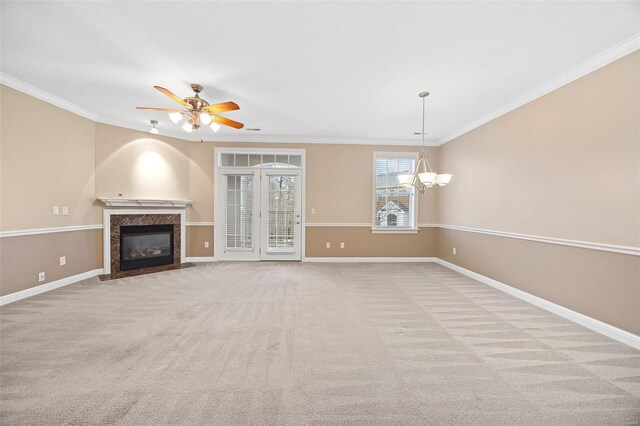 1163 Mill Crossing Dr Unit 205, Creve Coeur, MO 63141 - unfurnished living room with ornamental molding, carpet flooring, a chandelier, and baseboards