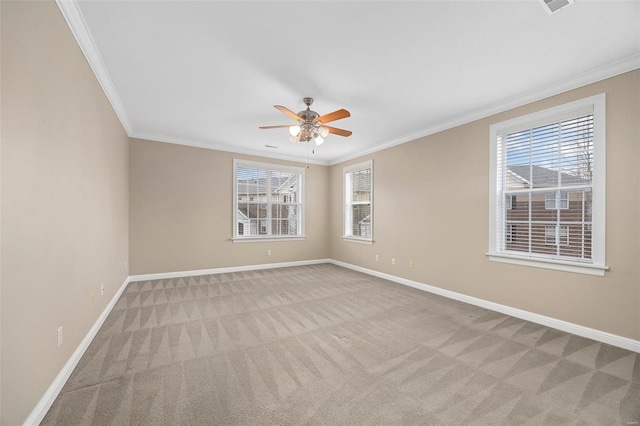 1163 Mill Crossing Dr Unit 205, Creve Coeur, MO 63141 - spare room featuring carpet, crown molding, ceiling fan, baseboards, and plenty of natural light