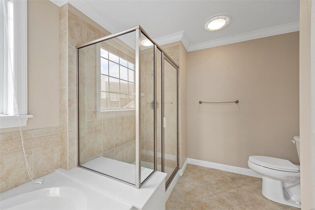 1163 Mill Crossing Dr Unit 205, Creve Coeur, MO 63141 - bathroom with crown molding, a stall shower, toilet, tile patterned flooring, and baseboards