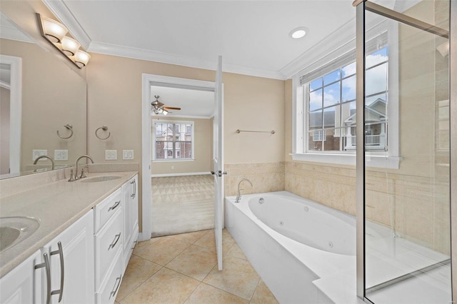 1163 Mill Crossing Dr Unit 205, Creve Coeur, MO 63141 - full bathroom with crown molding, tile patterned floors, a ceiling fan, a jetted tub, and double vanity