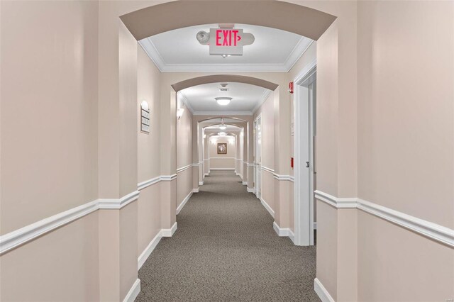 1163 Mill Crossing Dr Unit 205, Creve Coeur, MO 63141 - corridor with arched walkways, crown molding, baseboards, and dark carpet