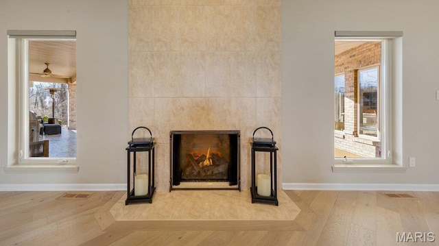 detailed view of baseboards, a ceiling fan, and wood finished floors