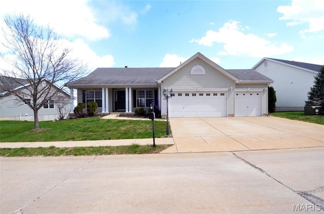 936 Palamino Path, High Ridge, MO 63049 - ranch-style house featuring a garage, concrete driveway, a front lawn, and covered porch