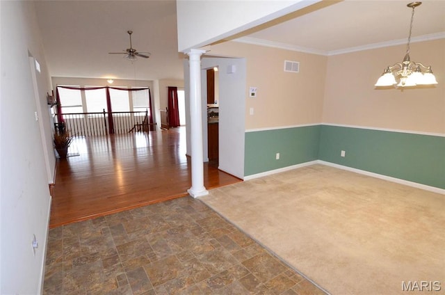 936 Palamino Path, High Ridge, MO 63049 - spare room featuring ceiling fan, decorative columns, baseboards, stone finish floors, and a chandelier