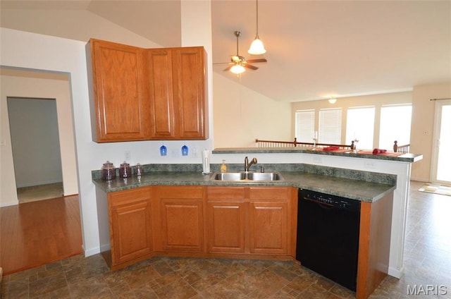 936 Palamino Path, High Ridge, MO 63049 - kitchen with dishwasher, a sink, lofted ceiling, a peninsula, and ceiling fan