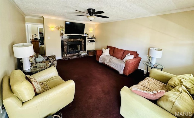 125 Hull Ave, Saint Louis, MO 63119 - carpeted living area with a ceiling fan, a high end fireplace, crown molding, a textured ceiling, and baseboards