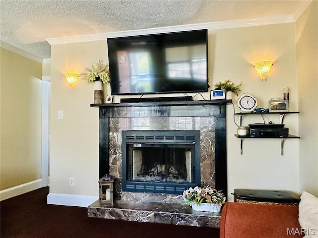 125 Hull Ave, Saint Louis, MO 63119 - detailed view of a textured ceiling, a fireplace with raised hearth, crown molding, baseboards, and carpet floors