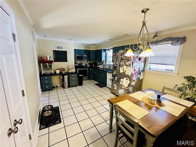 125 Hull Ave, Saint Louis, MO 63119 - dining space with light tile patterned floors, crown molding, and a chandelier