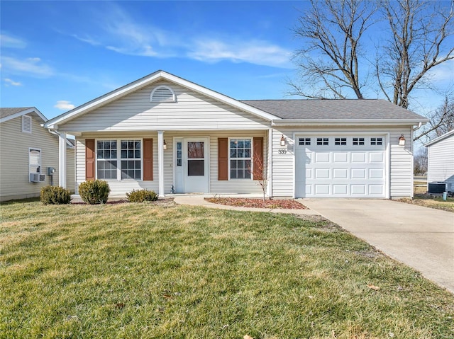 ranch-style house with an attached garage, driveway, and a front yard