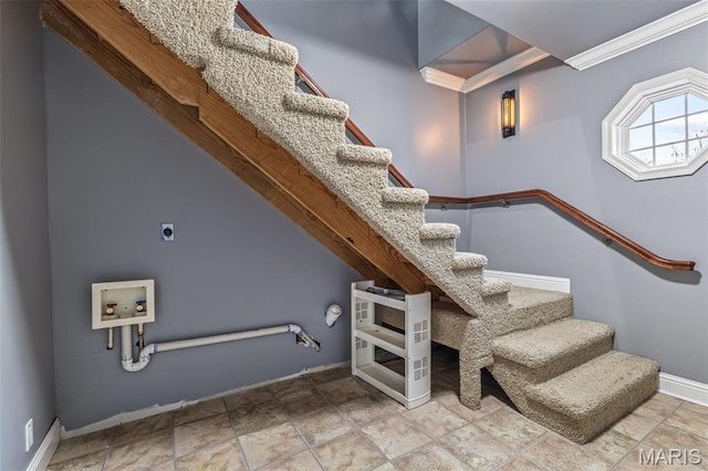 616 W Columbia St, Farmington, MO 63640 - staircase featuring crown molding and stone finish flooring