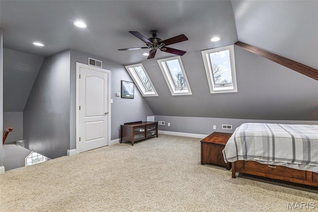616 W Columbia St, Farmington, MO 63640 - carpeted bedroom featuring lofted ceiling, recessed lighting, a skylight, and a ceiling fan