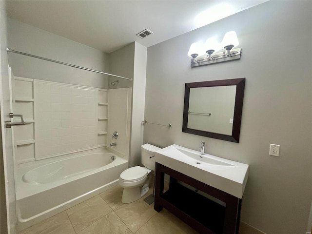 bathroom featuring toilet, vanity,  shower combination, and tile patterned flooring