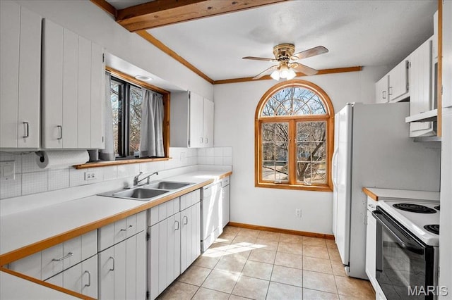 2013 Lily Ave, Saint Louis, MO 63122 - kitchen featuring electric stove, dishwasher, decorative backsplash, light countertops, and a ceiling fan