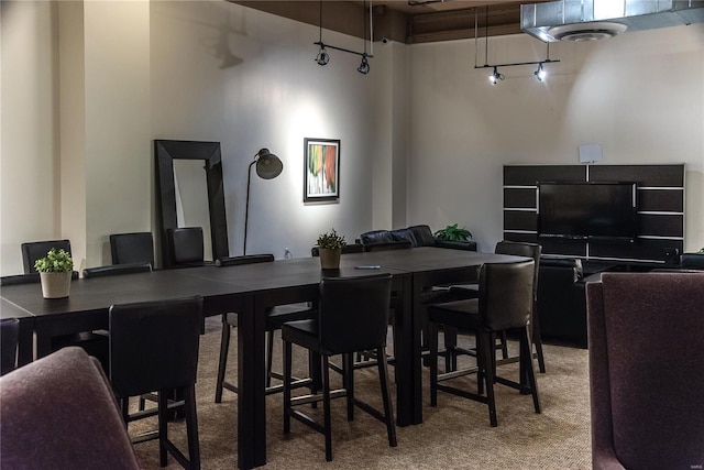 dining space with carpet and rail lighting