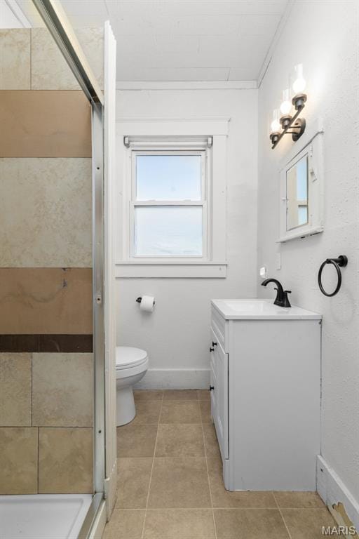 205 W 2nd St N, Wright City, MO 63390 - full bath featuring vanity, toilet, a shower stall, and tile patterned floors