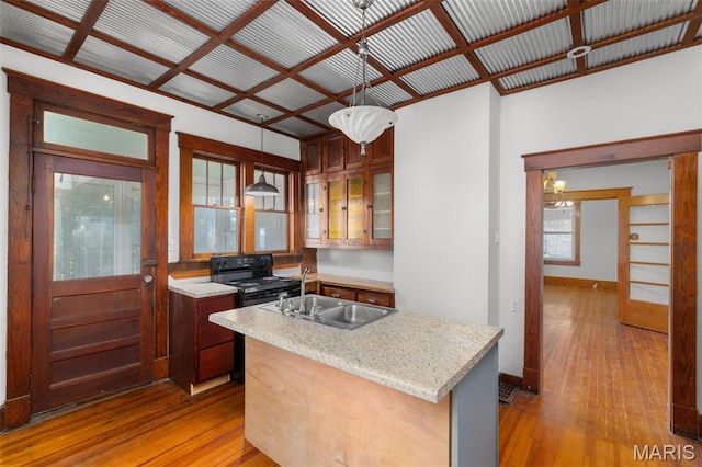 205 W 2nd St N, Wright City, MO 63390 - kitchen with black / electric stove, hardwood / wood-style flooring, a sink, baseboards, and pendant lighting