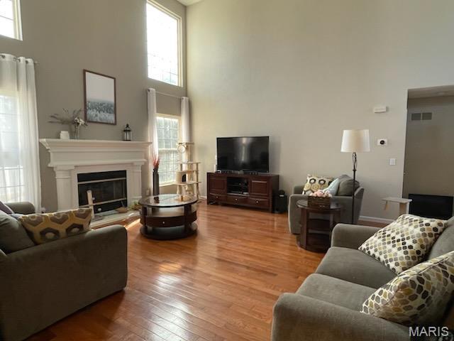 living room featuring a high ceiling, wood finished floors, and a glass covered fireplace