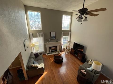 living area with a fireplace with raised hearth, healthy amount of natural light, wood finished floors, a ceiling fan, and a high ceiling