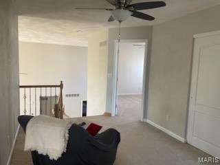 bedroom with baseboards, carpet flooring, and ceiling fan