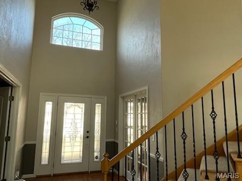 foyer with stairs, a towering ceiling, and wood finished floors