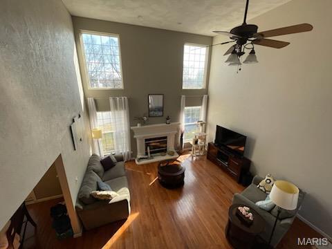 1212 Usher Dr, Ofallon, IL 62269 - living room with a fireplace with raised hearth, plenty of natural light, wood finished floors, a ceiling fan, and a high ceiling