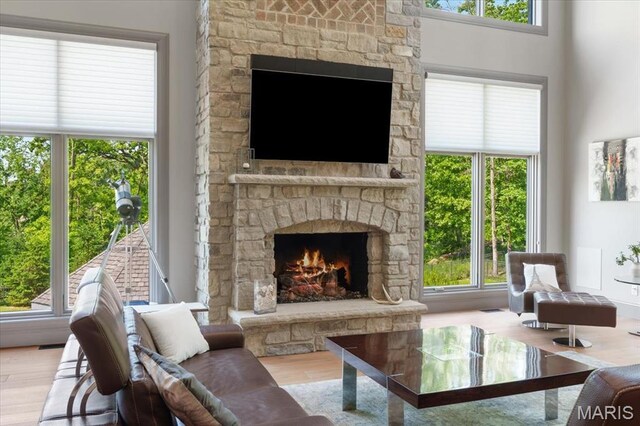 2535 S Lindbergh Blvd, Saint Louis, MO 63131 - living area featuring a fireplace, wood finished floors, and healthy amount of natural light