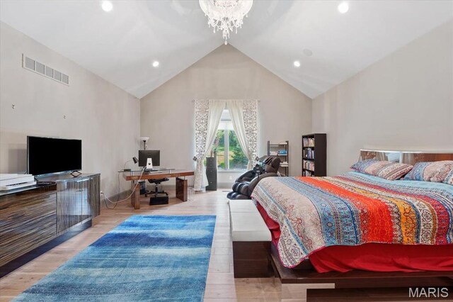 2535 S Lindbergh Blvd, Saint Louis, MO 63131 - bedroom with an office area, lofted ceiling, recessed lighting, wood finished floors, and a chandelier