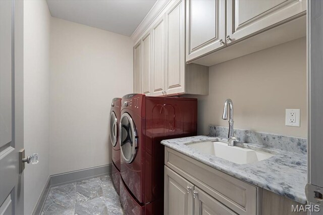 2535 S Lindbergh Blvd, Saint Louis, MO 63131 - laundry area with cabinet space, baseboards, independent washer and dryer, and marble look tiles