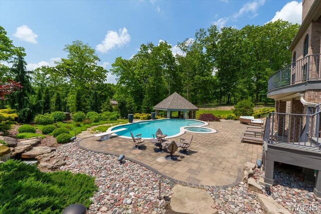 2535 S Lindbergh Blvd, Saint Louis, MO 63131 - outdoor pool with a gazebo, a patio, a diving board, and view of wooded area
