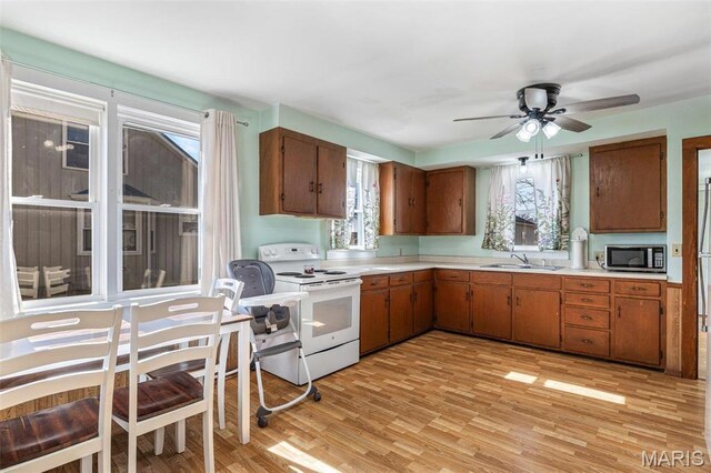 215 Virginia St, Saint Genevieve, MO 63670 - kitchen featuring electric stove, stainless steel microwave, light countertops, light wood finished floors, and brown cabinetry