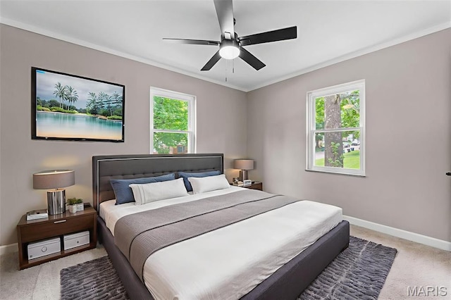 1247 Charlane Ct, Saint Louis, MO 63119 - bedroom featuring light carpet, multiple windows, crown molding, and a ceiling fan