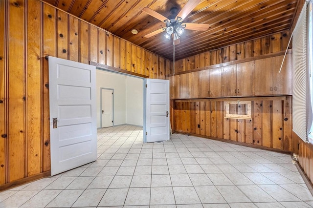 342 N Adams Ave, Lebanon, MO 65536 - unfurnished room with wooden walls, a ceiling fan, wood ceiling, and light tile patterned flooring