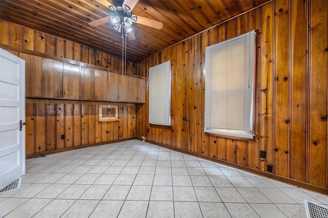 342 N Adams Ave, Lebanon, MO 65536 - empty room with a ceiling fan, wood ceiling, wood walls, light tile patterned floors, and baseboards
