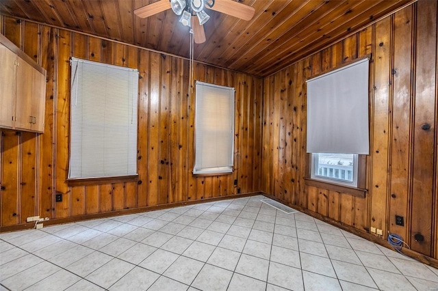 342 N Adams Ave, Lebanon, MO 65536 - spare room featuring wooden ceiling, ceiling fan, wood walls, and light tile patterned floors